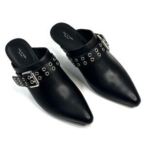 Rag & Bone Slip-On Spire Black Leather Grommet Mules Buckles Size 37 (US 7) New